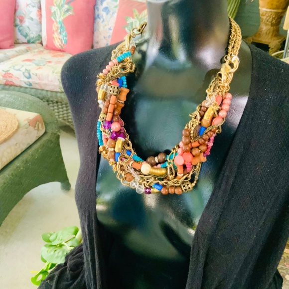 Multi Strand🩷SOLD🩷 BEADED CHUNKY STATEMENT NECKLACE SEQUIN ⭐️ NWT WOOD GLASS - Picture 11 of 14